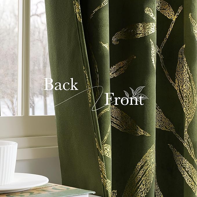 NICETOWN Leaf Patterned Green Velvet Curtains 96 inches Long 2 Panels Gold Foil Printed - Room Darkening Drapes for Living Room, Thermal Insulated Soft Luxury Home Decor for Bedroom, W50 x L96
