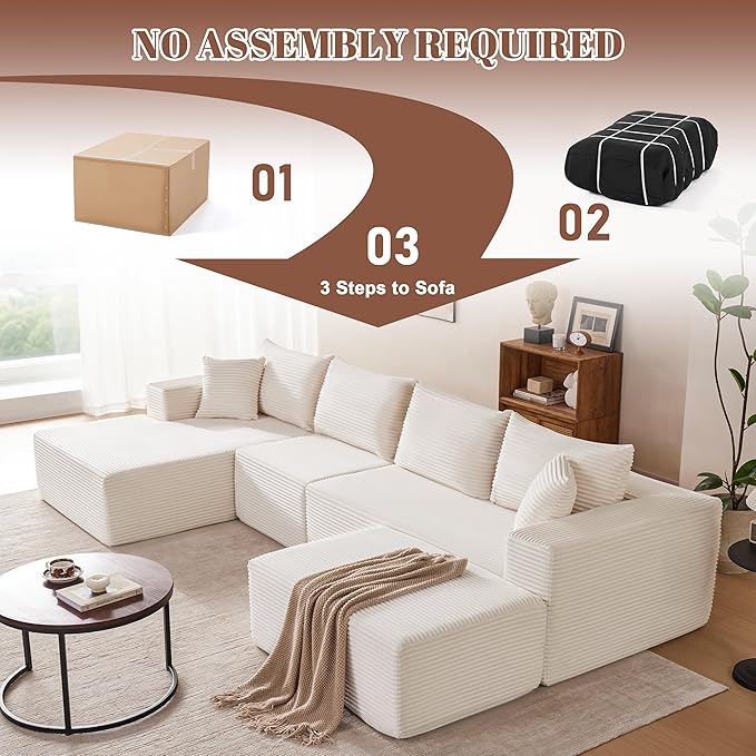140” Cloud Sectional Couch, Modular Sectional Sofa with Deep Seat, Boneless Sofa for Living Room, Fluffy Comfy U-Shaped Couch with Left Facing Chaise, No Assembly Required, Beige