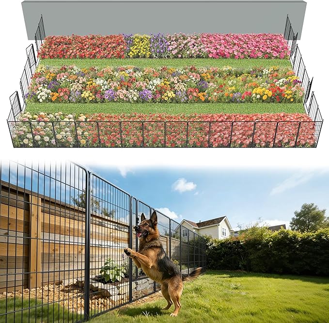 FXW Garden Fence Outdoor for The Yard – 45in(H) x 71.3ft(L) Heavy Duty Metal Animal Barrier for Dog and Rabbit, Decorative Dog Fence, 32 Panels, Black