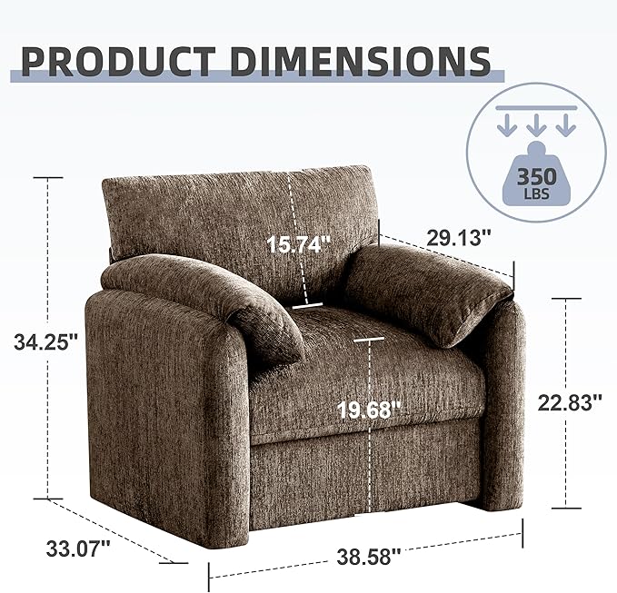 Chenille Oversized Armchair, 38.6'" Wide Accent Chairs for Living Room & Bedroom Modern Lounge Chair, Upholstered Mid-Century Reading Chair,Single Sofa Chair(Brwon, 1 Pack)