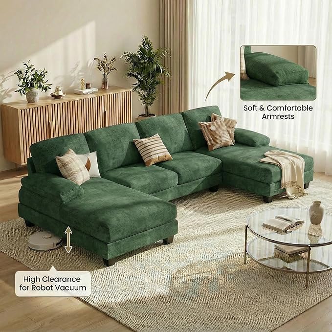 Homall Sectional U Shaped Sofa Couches for Living Room, Comfy Chenille 4 Seat Sofa Set with Removable Pillows, Lounge Chaise Upholstered Couch for for Apartment (Chenille, Green)