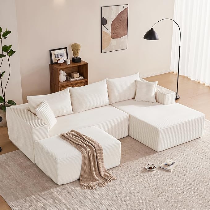 110” Cloud Sectional Couch, Boneless Sofa for Living Room, Modular Sectional Sofa with Deep Seat, Comfy Fluffy U-Shaped Couch with Right-Facing Chaise, No Assembly Required, Beige