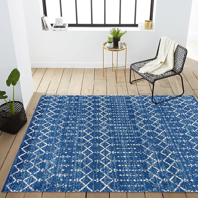JONATHAN Y Boho Vintage Diamond Blue/White Indoor Area Rug 3X5 ft, Moroccan Hype for Living Room, Bedroom, Kitchen, Office, Easy-Cleaning, High Traffic, Pet-Friendly, Non-Shedding (MOH101A-3)