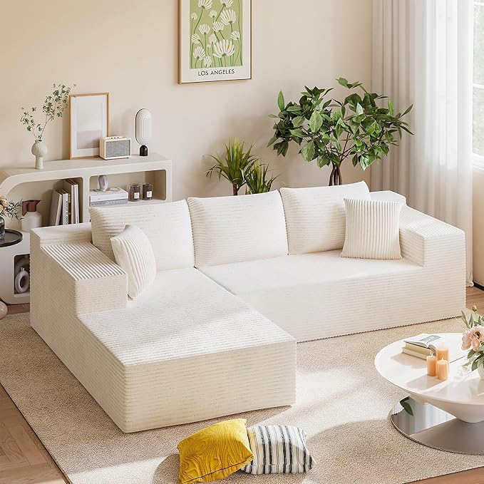 Homall 108" Modular Sectional Sofa, Boneless Couch with L-Shape Chaise, Cloud Couch with Deep Seat Upholstered, No Assembly Required for Living Room, Bedroom (Corduroy, Beige)