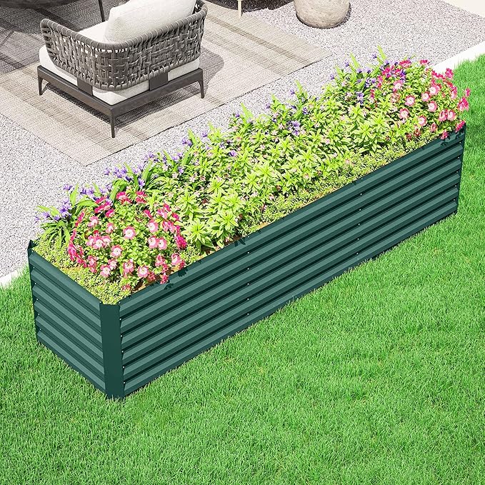 Outsunny 8 x 2 x 2ft Galvanized Raised Garden Bed Kit, Outdoor Metal Elevated Planter Box with Safety Edging, Large Raised Bed for Growing Flowers, Herbs and Vegetables, Green