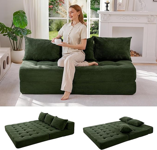 MAXYOYO Folding Sofa Couch, Convertible Floor Sleeper Couch with 2 Pillows, Tufted Floor Oversized Loveseat Couch Tufted Fold Out Chair Bed Comfy Sofa Lounge for Living Room Bedroom, Dark Green
