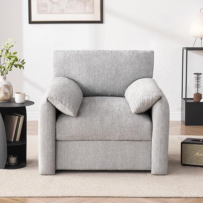 Chenille Oversized Armchair, 38.6'" Wide Accent Chairs for Living Room & Bedroom Modern Lounge Chair, Upholstered Mid-Century Reading Chair (LightGrey, 1 Pack)