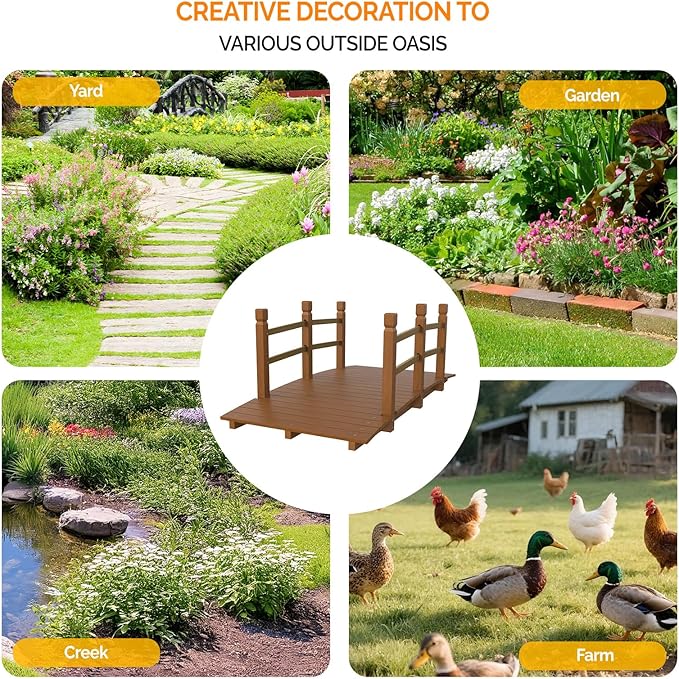 VINGLI Garden Bridge, Classic Wooden Bridge with Safety Rails, Decorative Arhced Footbridge for Patio Pond, Creek, Pathway(Brown, 5 ft)