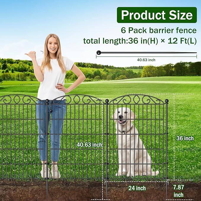 No Dig Decorative Garden Fence 6 Panel with Gate - 36in H x 12ft L, Tall Animal Barrier for Dogs Rabbits, Rustproof Metal Wire Panels for Yard, Patio, and Outdoor Border Use