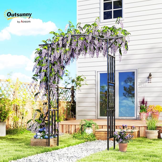Outsunny Garden Arch, 7.5ft PE-Coated Steel Garden Arch Trellis for Climbing Plants, Arbour Archway with Extended Top for Wedding Ceremony Garden Backyard Lawn Patio, Black