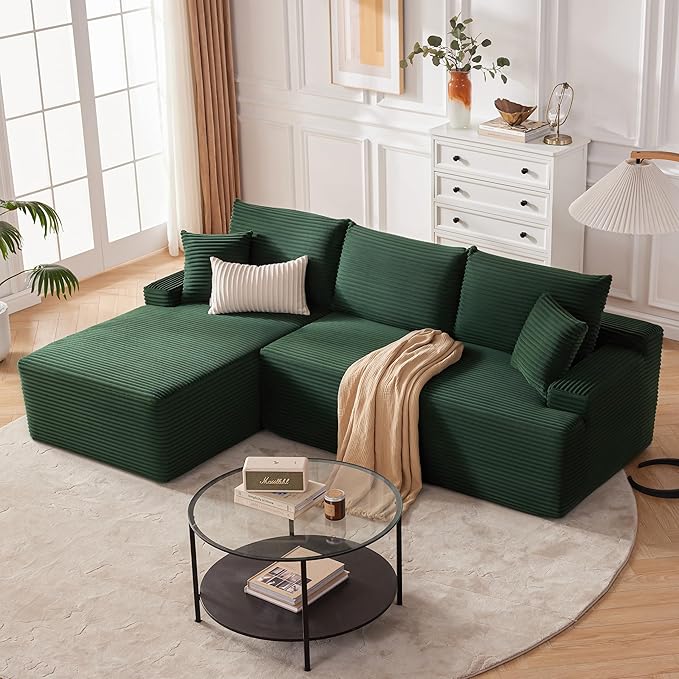 Cloud Sectional Couch, Modular Sectional Sofa for Living Room, Fluffy Comfy Couch with L-Shaped Chaise, Boneless Sofa with Deep Seat, No Assembly Required, Green