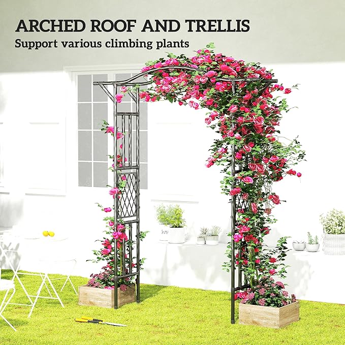 Outsunny Garden Arch, 7.5ft PE-Coated Steel Garden Arch Trellis for Climbing Plants, Arbour Archway with Extended Top for Wedding Ceremony Garden Backyard Lawn Patio, Black