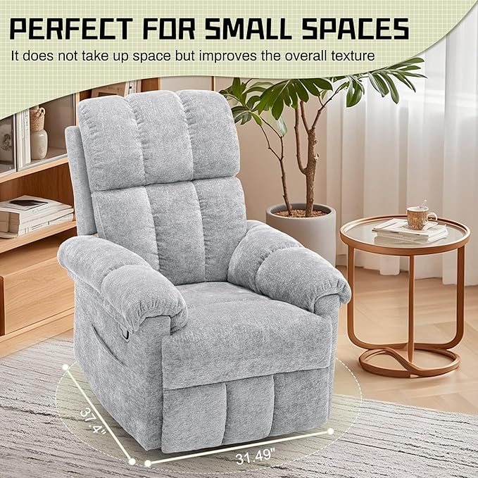 Recliner Chair, Swivel Rocker Recliner Chair for Adults, Small Recliners for Small Spaces, Manual Recliner Chair with Side Pockets, Nursery Rocking Chair for Living Room, Chenille, Silver Grey