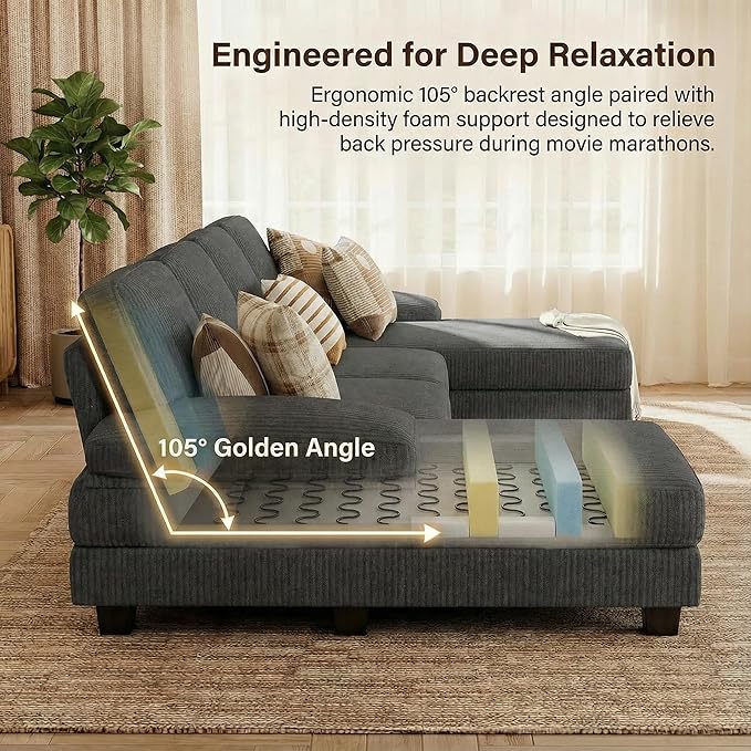 Homall Sectional U Shaped Sofa Couches for Living Room, Comfy Corduroy 4 Seat Sofa Set with Removable Pillows, Lounge Chaise Upholstered Couch for for Apartment (Corduroy, Dark Grey)