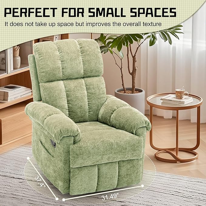 Recliner Chair, Swivel Rocker Recliner Chair for Adults, Small Recliners for Small Spaces, Upholstered Manual Recliner with Side Pockets, Nursery Rocking Chair for Living Room, Chenille, Green
