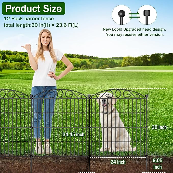 Garden Fence 12 Panel - 30in H x 23.6ft L, No Dig Rustproof Metal Tall Animal Barrier for Dogs Rabbits, Decorative Outdoor Border for Yard, Patio, and Flower Beds