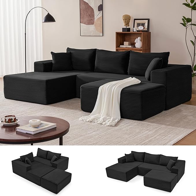 110” Cloud Sectional Couch, Modular Sectional Sofa with Deep Seat, Boneless Sofa for Living Room, Fluffy Comfy U-Shaped Couch with Left Facing Chaise, No Assembly Required, Black