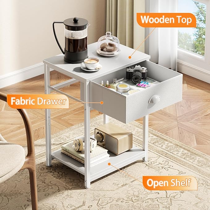 Furologee White Nightstand with Fabric Drawer, Small Side Table for Small Spaces, 2 Tiers Storage Shelves End Table, Night Stand for Living Room, Bedroom, Dorm