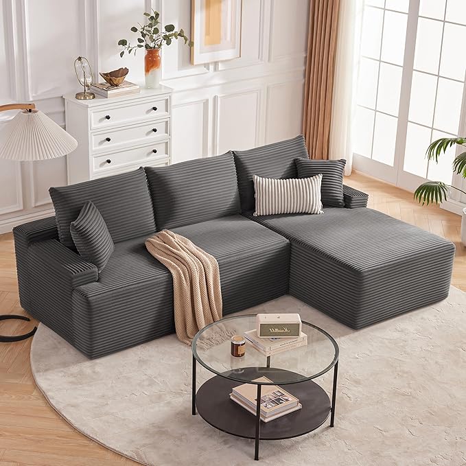 Cloud Sectional Sofa, Boneless Couch for Living Room, Modular Sectional Sofa with Deep Seat, Fluffy L-Shaped Comfy Couch with Right-Facing Chaise, No Assembly Required, Grey