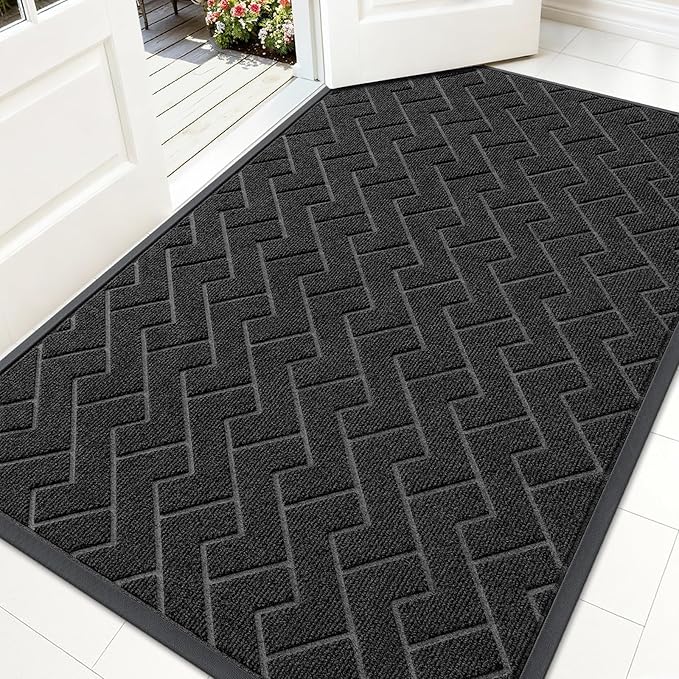 OLANLY Front Door Mat Indoor Outdoor Entrance, Waterproof All-Season, All-Weather Doormat, Sturdy Natural Rubber, Low Profile, Easy Clean Patio Porch Entryway Mat, Herringbone Brick (Black, 71x47)
