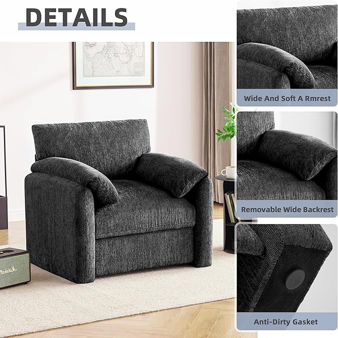 Chenille Oversized Armchair, 38.6'" Wide Accent Chairs for Living Room & Bedroom Modern Lounge Chair, Upholstered Mid-Century Reading Chair,Comfy Living Room Chair(Darkgray, 2 Pack)