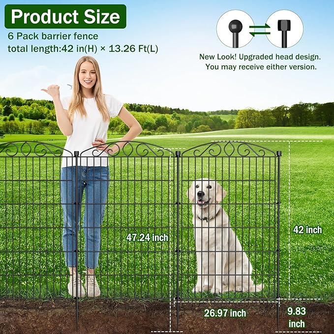 Decorative Garden Fence 6 Panel with Gate - 42in H x 13.26 ft L, No Dig Rustproof Metal Tall Animal Barrier for Dogs Rabbits, Outdoor Border for Yard, Patio, and Flower Beds
