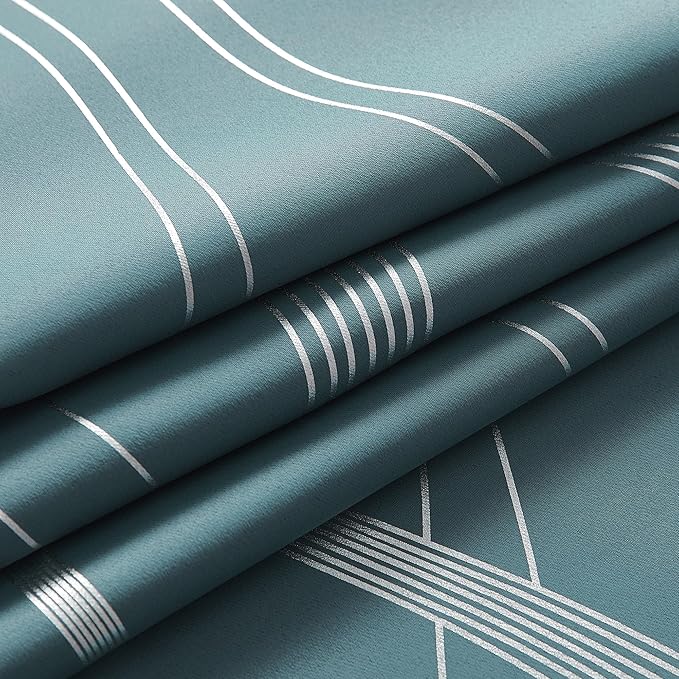 NICETOWN 100% Blackout Curtains Panels for Living Room, Greyish Blue, 52" Wide x 84" Long, 2 Panels, Sound Reducing Thermal Insulated Wave Line Foil Print Design Curtains for Patio Sliding Glass Door