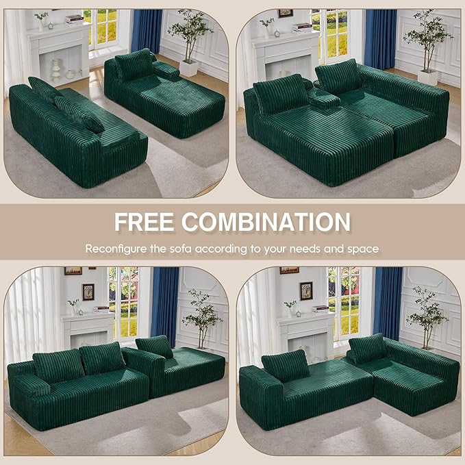 Modular Sectional Sofa Couches L-Shape Couch 3 Seat Modular Sofa Memory Foam Sectional Couches for Living Room, Cloud Couch with Oversized Chaise (Green Stripe, 108" Right Facing Chaise)