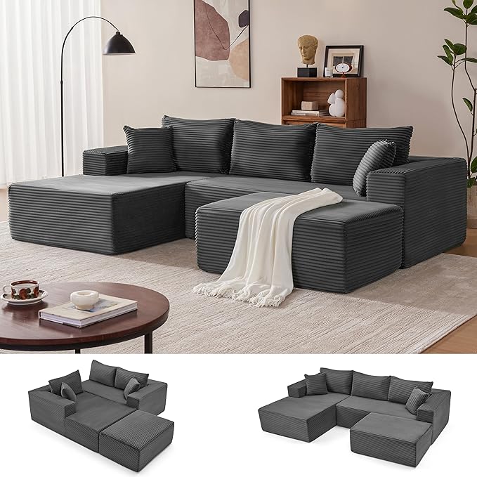 110” Cloud Sectional Couch, Modular Sectional Sofa with Deep Seat, Boneless Sofa for Living Room, Fluffy Comfy U-Shaped Couch with Left Facing Chaise, No Assembly Required, Grey
