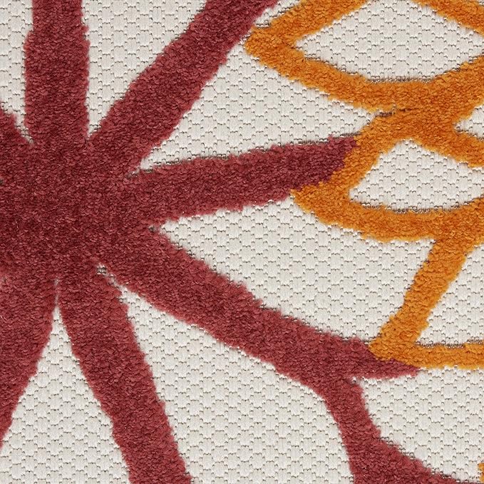 Nourison Home Aloha Indoor/Outdoor Red Multi Colored 5'3" x Round Area Rug, Tropical, Botanical, Easy Cleaning, Non Shedding, Bed Room, Living Room, Dining Room, Deck, Backyard, Patio (5 Round)