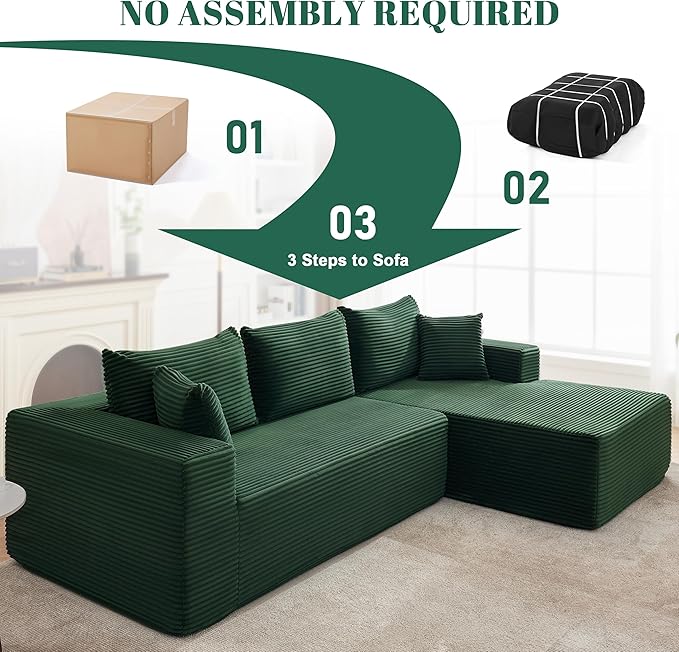 110” Cloud Sectional Couch, Boneless Sofa for Living Room, Modular Sectional Sofa with Deep Seat, Comfy Fluffy Couch with L-Shaped Chaise, No Assembly Required (Right-Facing Chaise, Green)