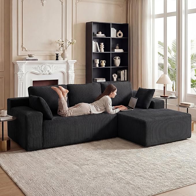 Cloud Sectional Boneless Couches for Living Room, Modular L Shaped Couch with Deep Seat Oversized Right Facing Chaise, Memory Foam Compressed Spineless 3 Seater Sofa for Apartment, Black | No Assembly Required, Deep Seat, Cat-Claw Resistant, High-Resil...