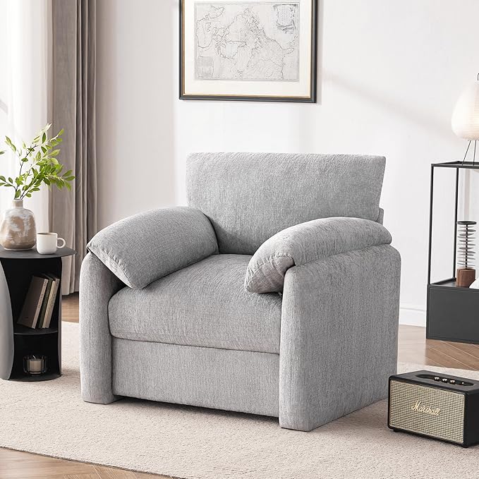 Chenille Oversized Armchair, 38.6'" Wide Accent Chairs for Living Room & Bedroom Modern Lounge Chair, Upholstered Mid-Century Reading Chair (LightGrey, 1 Pack)