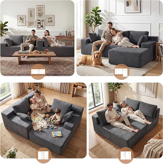 Cloud Sectional Boneless Couches for Living Room, Modular L Shaped Couch with Deep Seat Oversized Right Facing Chaise, Memory Foam Compressed Spineless 3 Seater Sofa for Apartment, Grey | No Assembly Required, Deep Seat, Cat-Claw Resistant, High-Resili...