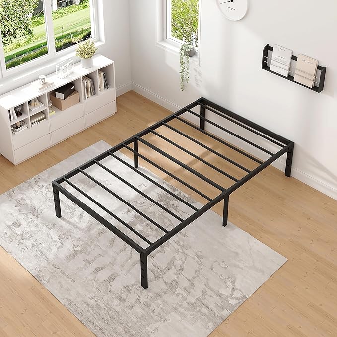 Metal Bed Frame,Twin Size Bed Frame with Storage Space,Heavy Duty Sturdy Mattress Foundation,Easy Assembly,No Box Spring Needed, Black,14 Inch,Twin