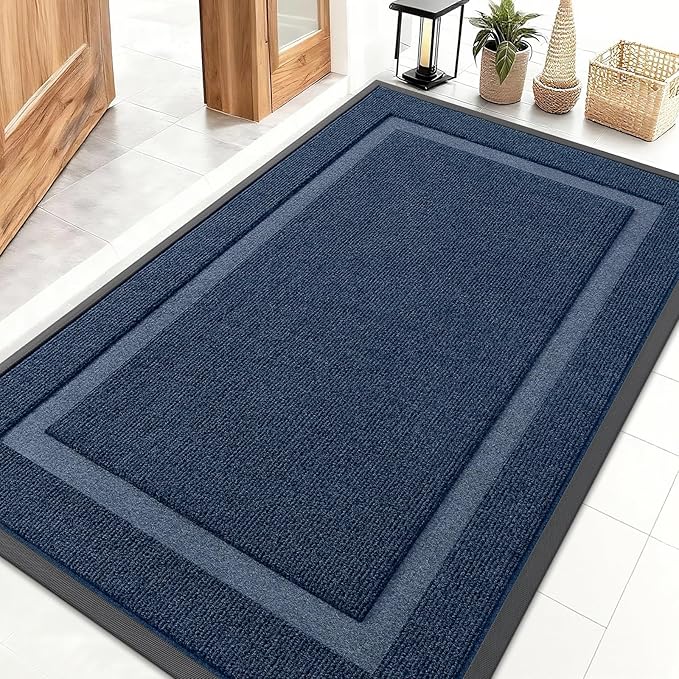 OLANLY Front Door Mat Indoor Outdoor Entrance, Waterproof All-Season, All-Weather Doormat, Sturdy Natural Rubber, Fade Resistant, Low Profile, Easy Clean Patio Porch Entryway Mat, 59x40, Blue
