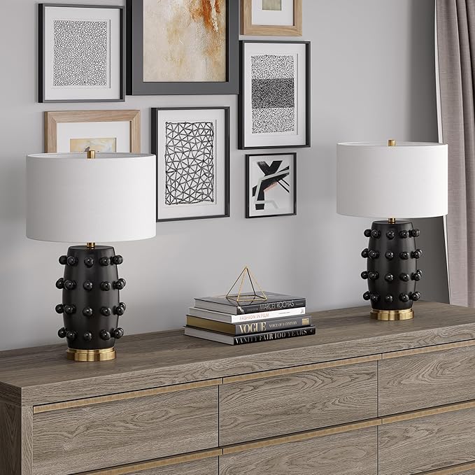 Henn&Hart 25.5'' Modern 1-Light Ceramic Table Lamp with Spherical Orbs on Lamp Body with White Fabric Drum Shade for Living Room, Bedroom, or Office, Matte Black