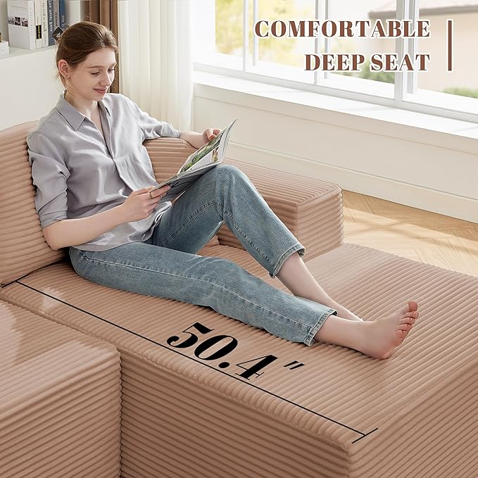 110” Cloud Sectional Couch, Boneless Sofa for Living Room, Modular Sectional Sofa with Deep Seat, Comfy Fluffy Couch with L-Shaped Chaise, No Assembly Required (Right-Facing Chaise, Camel)