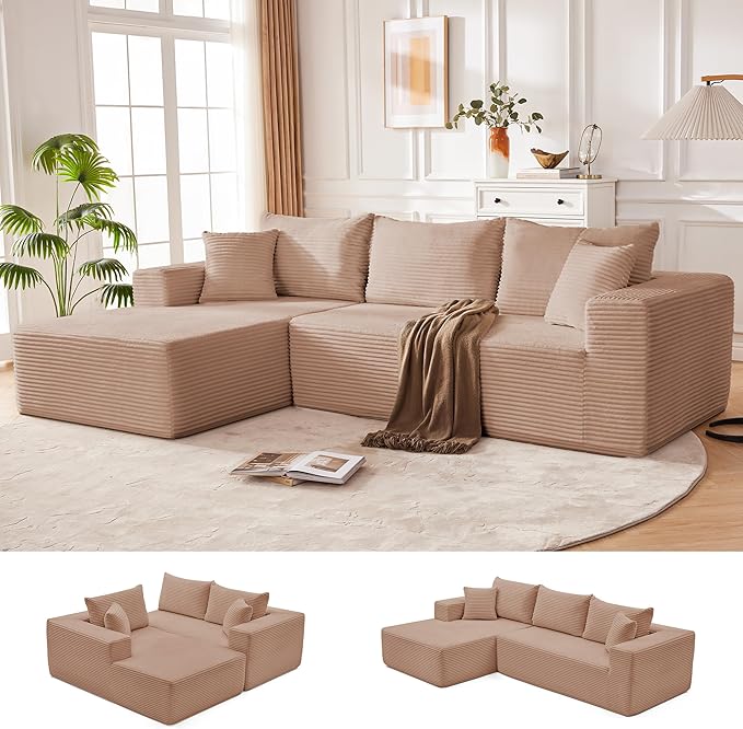 110” Cloud Sectional Couch, Modular Sectional Sofa for Living Room, Boneless Sofa with Deep Seat, Comfy Fluffy Couch with L-Shaped Chaise, No Assembly Required (Left-Facing Chaise, Camel)