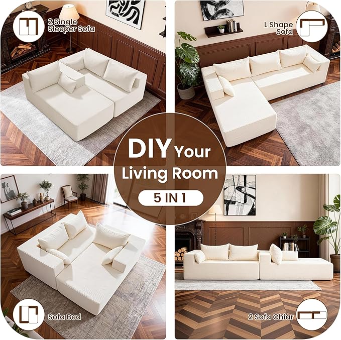 106" Cloud Sectional Boneless Couches for Living Room, Modular L Shaped Couch with Deep Seat Oversized Right Facing Chaise, Memory Foam Compressed Spineless 3 Seater Sofa for Apartment, Beige