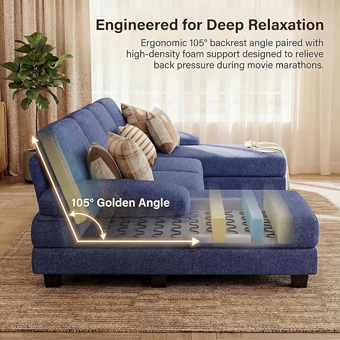 Homall Sectional U Shaped Sofa Couches for Living Room, Comfy Linen Fabric 4 Seat Sofa Set with Removable Pillows, Lounge Chaise Upholstered Couch for for Apartment (Loop Yarn, Navy Blue)