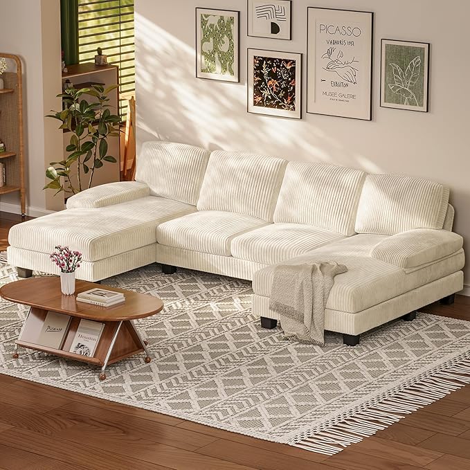 Homall Modular Sectional U Shaped Sofa Couches for Living Room, Comfy Chenille 4 Seat Sofa Set with Removable Pillows, Lounge Chaise Upholstered Couch for for Apartment (Corduroy, Light Beige)