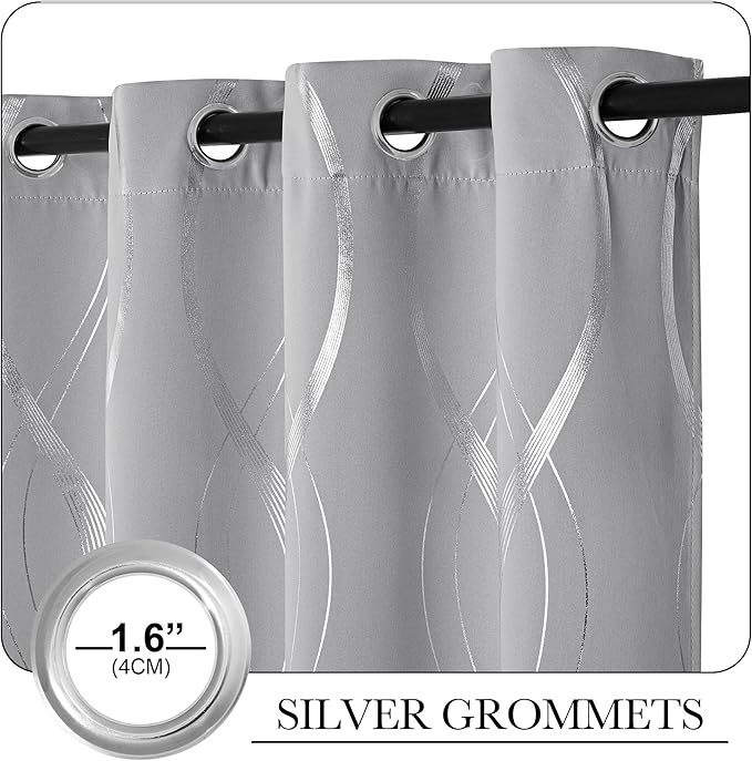 NICETOWN Blackout Curtains 63 inch Length 2 Panels, Silver Grey Window Treatment Thermal Insulated Soundproof Grommet Wave Line Foil Print Design Draperies for Living Room (52 inches Wide)