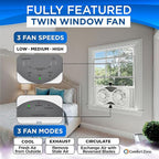 Comfort Zone 9-Inch Smart WiFi Twin Window Fan – 3-Speed Dual Blade Fan with App & Voice Control, Reversible Exhaust, Cooling & Circulate Modes, Expandable 23.5" to 37", Bug Screen