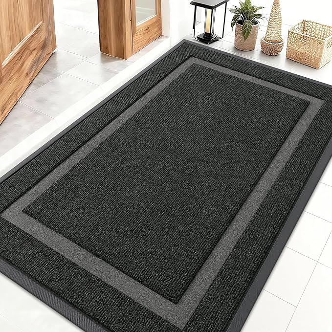 OLANLY Front Door Mat Indoor Outdoor Entrance, Waterproof All-Season, All-Weather Doormat, Sturdy Natural Rubber, Fade Resistant, Low Profile, Easy Clean Patio Porch Entryway Mat, 59x40, Black