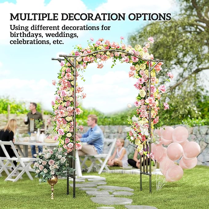 Outsunny Garden Arch, 7.5ft PE-Coated Steel Garden Arch Trellis for Climbing Plants, Arbour Archway with Extended Top for Wedding Ceremony Garden Backyard Lawn Patio, Black