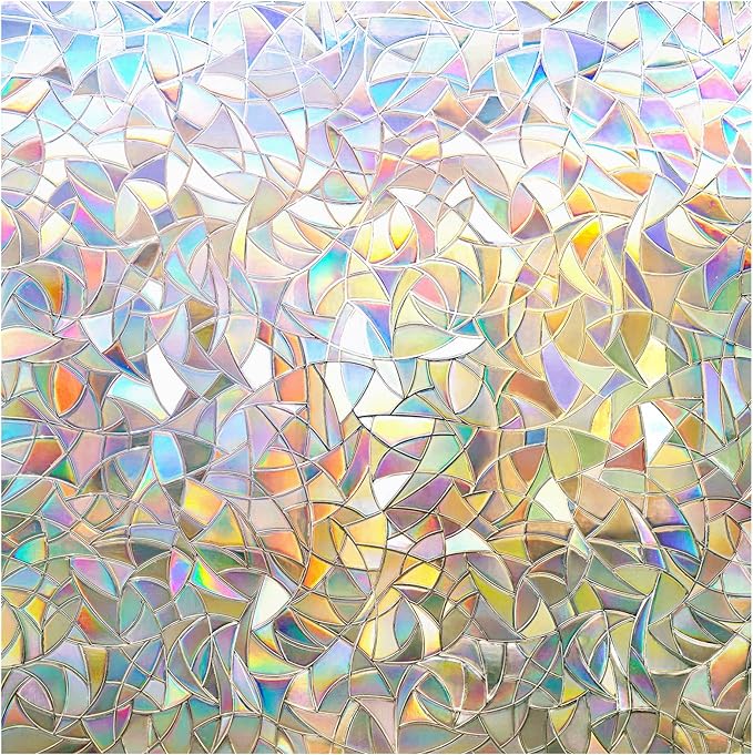 rabbitgoo Window Privacy Film Rainbow Film Decorative Window Sticker, 3D Static Stained Glass Cling Tint for Home Heat Control Non-Adhesive, 17.5 x 157.5 inches