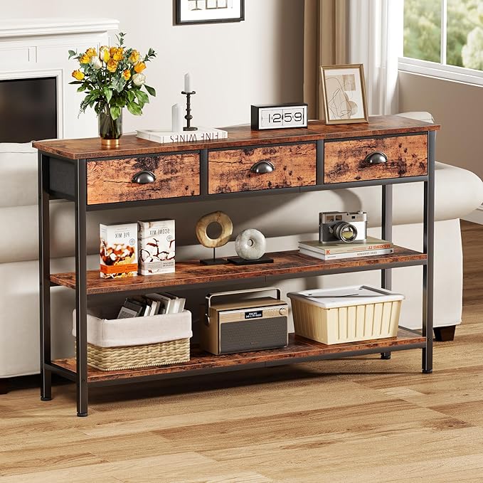 Furologee Long 47" Console Sofa Table with 3 Drawers, Entryway Table with 3-Tier Storage Shelves, Industrial Display Shelf for Entry Way, Hallway, Couch, Living Room, Kitchen, Foyer, Rustic Brown