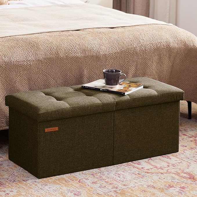 HAUSFRAU 31.5 Inches Ottoman with Storage Bench, Folding Ottoman Bench Small Foot Rest Stool, Bedroom Bench with Flipping Lid, Linen Espresso
