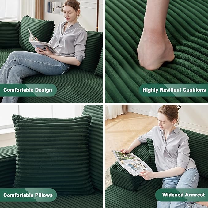 110” Cloud Sectional Couch, Modular Sectional Sofa for Living Room, Boneless Sofa with Deep Seat, Comfy Fluffy Couch with L-Shaped Chaise, No Assembly Required (Left-Facing Chaise, Green)